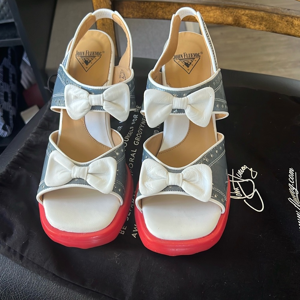 John Fluevog White and Gray Heels with Red Soles
